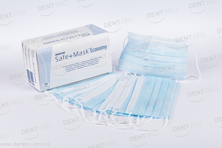 Маски процедурные Экономи Медиком (Economy Medicom) прямоугольные двухслойные на резинках, с фиксатором для носа, упаковка 50шт - 3