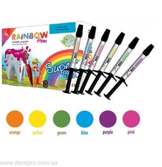 RAINBOW FLOW (Рейнбоу Флоу) цветной жидкотекучий композит, набор: 6 шприцев по 1г