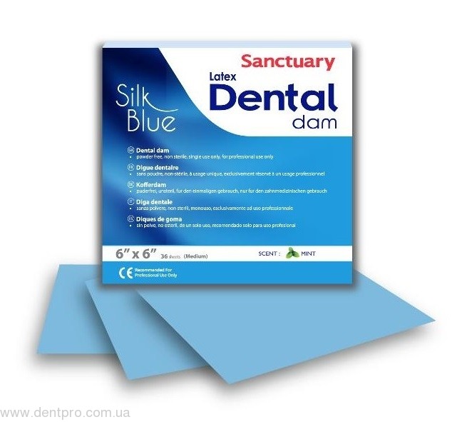 Голубой шелк средние, коффердамовые платки SANCTUARY Silk Blue (Dental Dam, Малайзия), с мятной отдушкой, medium упаковка 36 шт - 20073