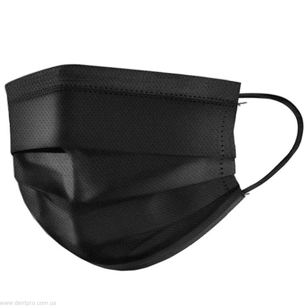 Черные маски процедурные UNEX Black, прямоугольные трехслойные на резинках, упаковка 50шт