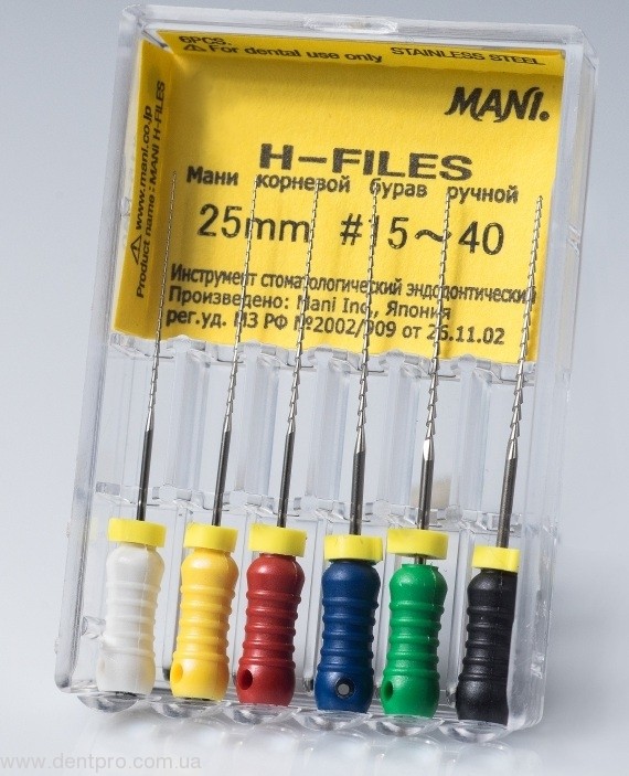 Аш-Файлы Мани (H-Files Mani) упаковка 6шт 25мм, ручной стальной эндодонтический инструмент (Hedstroem, Н-Файлы) оригинал - 19733