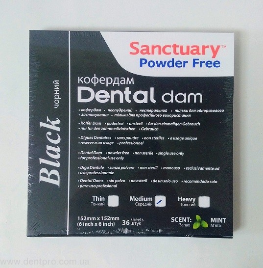Толстые черные коффердамовые платки SANCTUARY BLACK (Dental Dam), Heavy (толстые) с мятной отдушкой, упаковка 36 шт